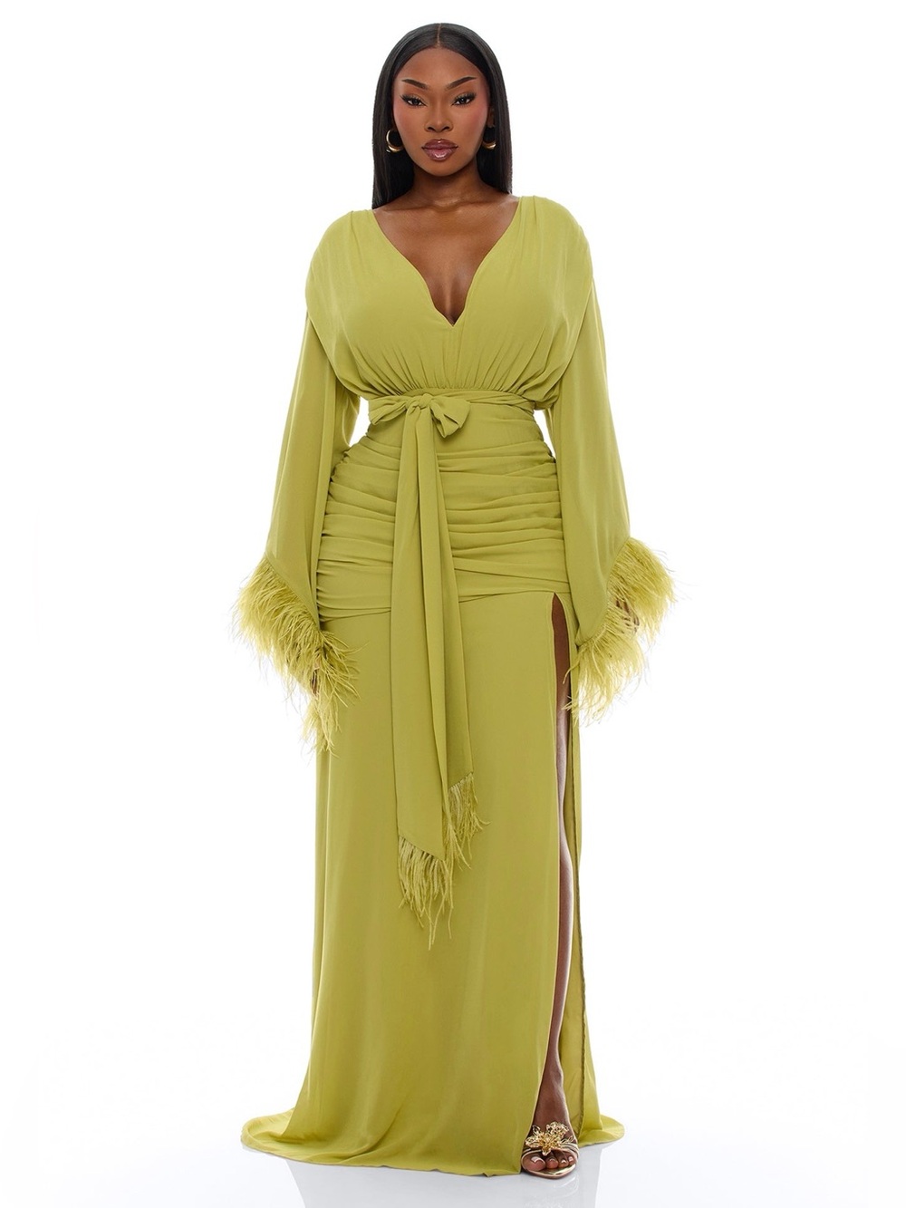 Fashion Nova Feathered Chiffon Maxi Dress -
Chartreuse